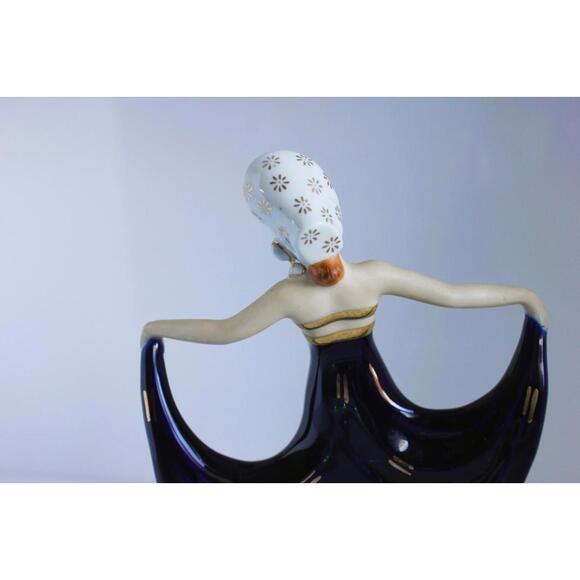 Art Deco Moriyama Dancing Lady Figure Bonnet Cobalt Blue Porcelain Hinode Japan - Picture 9 of 15